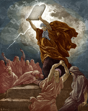 Moses breaks the tablets of the law, 19th century (engraving)