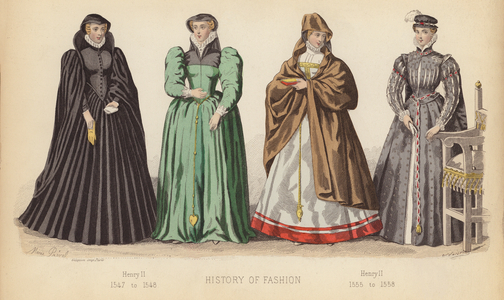 Fashion in France: Henry II 1547 to 1548; Henry II 1555 to 1558 (coloured engraving)