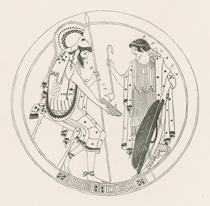 A seated warrior holds his wine cup (engraving)