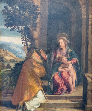 Virgin with Child and bishop, 1535-40 circa, Battista e Dosso Dossi (oil on panel)