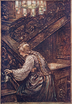 "So she seized him with two fingers, and carried him upstairs ..",  from The Fairy Tales of the Brothers Grimm, pub. 1909 (colour litho)