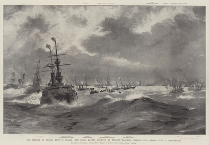 The Emperor of Russia's Visit to France, the Czar's Yachts, escorted by English War-Ships, meeting the French Fleet in Mid-Channel (litho)