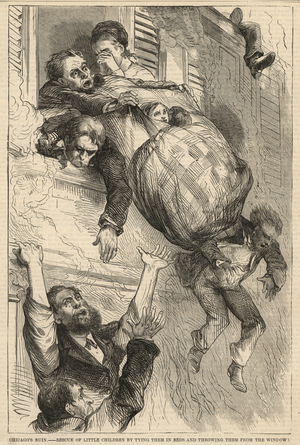 Rescue of little children by tying them in beds and throwing them from the window (engraving)