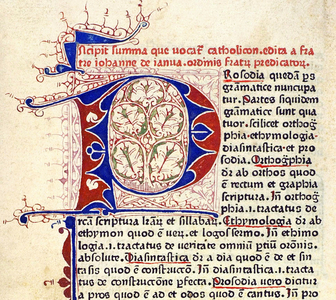 Germany: Detail of an illuminated page from the Mainz Catholicon, probably printed by Johannes Gutenberg c. 1458-1460