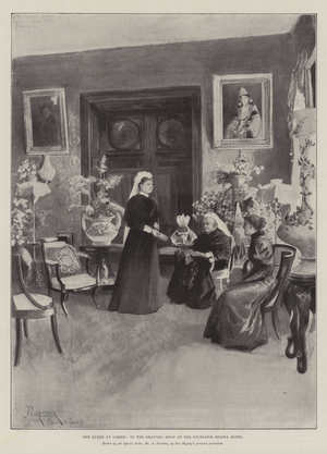 The Queen at Cimiez, in the Drawing-Room of the Excelsior Regina Hotel (litho)
