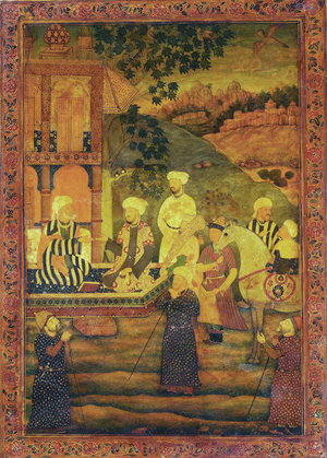 India: 'A Prince visiting a Dervish who has abandoned his Way of Life', lacquerware miniature from Sadi's Gulistan painted c. 1610 for the Mughal Emperor Jahangir (r. 1605-1627).