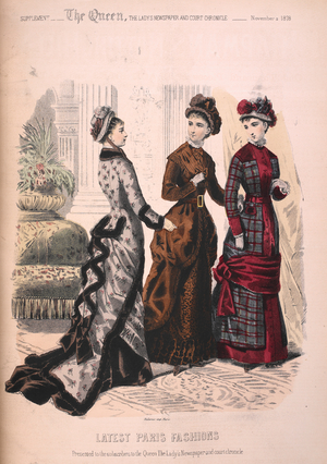 Latest Paris fashions. Three women.