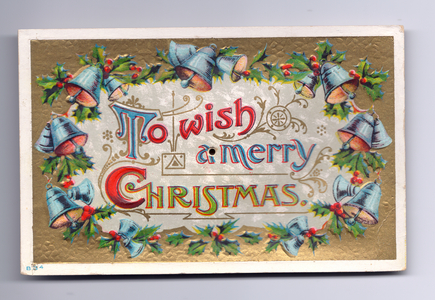 Audible Victorian Christmas card of bells and holly, c.1880 (colour litho)