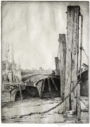 Barges over the Mud, Southwark, 1914 (etching)
