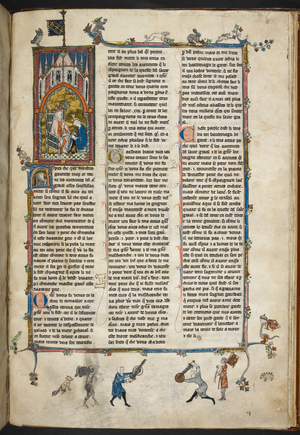 Royal Ms 14 e III f.140r Henry II of England with scribe, illustration from 'Estoire del Saint Graal, La Queste del Saint Graal, Morte Artu', c.1315-25 (vellum)