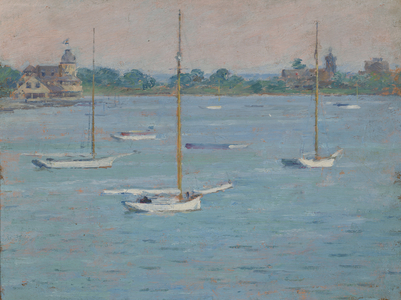 Yacht Club Basin, Cos Cob Harbor, 1894 (oil on wood panel)