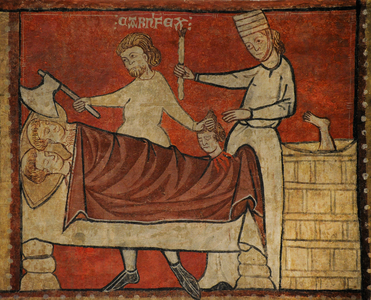 Scenes of the Life of Saint Nicholas, end of 13th century, by Second Master of Bierge, Fresco transferred to canvas, Detail depicting an innkeeper dismembering three children, Spain