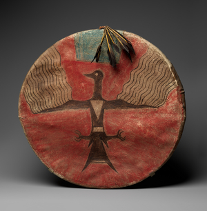 Shield, c.1885 (tanned leather, pigment, wood and feathers)