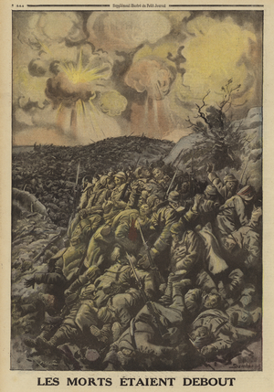 Huge numbers of dead German soldiers at Vachereauville, France, Battle of Verdun, World War I, 1916 (colour litho)