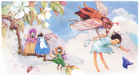 How terrified poor little Thumbalina was when the cockchafer carried her up the tree, from Tiny Thumbalina published by Edmund Ward, c.1940 (colour litho)