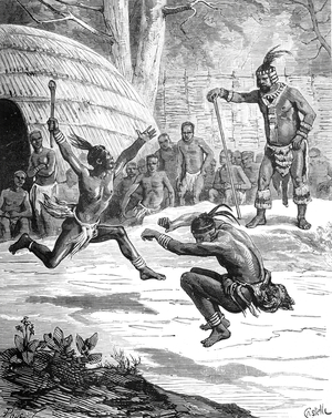 Zulu Village and Dancers Africa, 1879 (engraving)