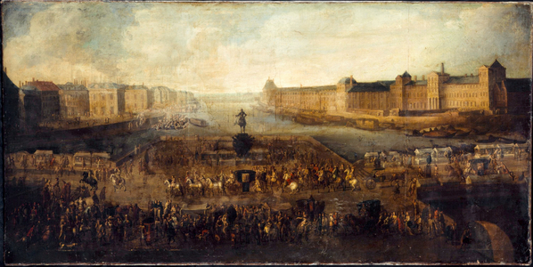 The Pont-Neuf, seen from the entrance to the Place Dauphine, the Quai Malaquais with the Collège des Quatres-Nations, the Grande Galerie and the Louvre, circa 1665, 1st and 6th arrondissements, between 1660 and 1670 (oil on canvas)