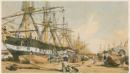 West India Docks, from the South East (colour litho)