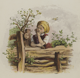Pensive girl leaning on a fence (colour litho)