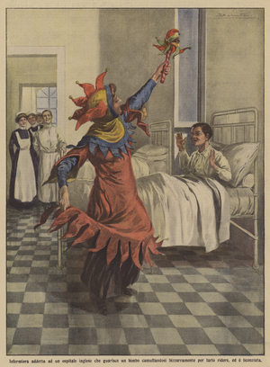 Nurse in charge of an English hospitable who heals a child by disguising himself bizarrely  (colour litho)