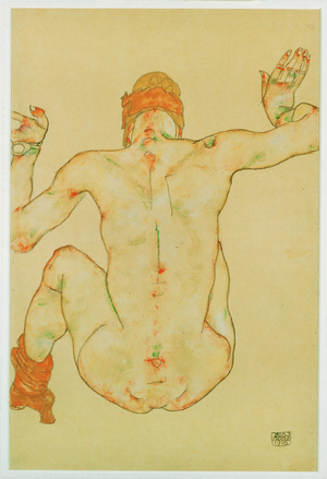 Seated female nude, back view (gouache, watercolour & pencil)