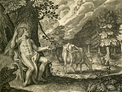 Jupiter transforms Io into a cow to save her from Juno's wrath, 1702 (Engraving)