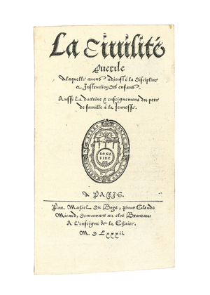Title page from 'La civilité puerile a laquelle avons adiousté la discipline et instruction des enfans. Aussi La doctrine et enseignemens du pere de famille à la jeunesse' by Desiderius Erasmus, 1582 (print) (see also 869495)