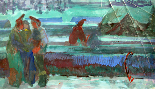 Laying the Gas Pipes, 1977 (oil on paper)