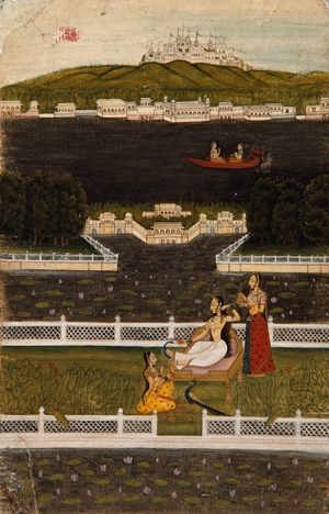 A beautiful woman on a lake terrace, c.1770 (opaque w/c & gold on paper)