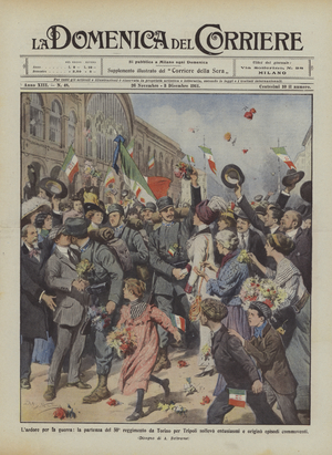 The ardor for the war, the departure of the 50th regiment from Turin to Tripoli raises enthusiasm  (colour litho)