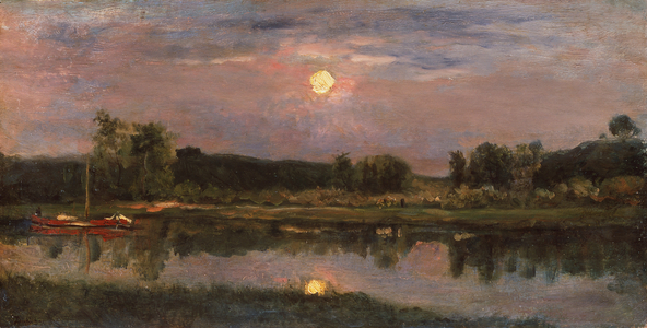 A Moonlit River Landscape, c.1855 (oil on board)
