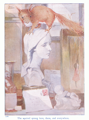 The squirrel sprang here, there and everywhere, illustration from 'More About the Squirrels' by Eleanor Tyrell, c.1915 (colour litho)