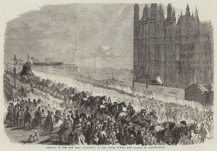 Arrival of the New Bell "Victoria," at the Clock Tower, New Palace of Westminster (engraving)