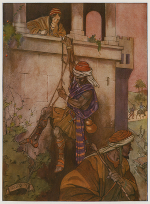 Then she let them down from her window by a cord (colour litho)