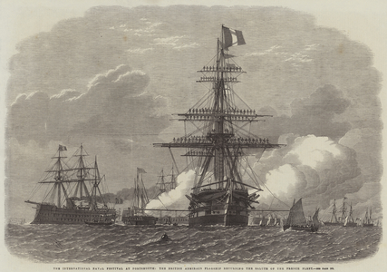The International Naval Festival at Portsmouth, the British Admiral's Flagship returning the Salute of the French Fleet (engraving)