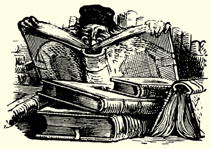 Man reading behind large books (engraving)