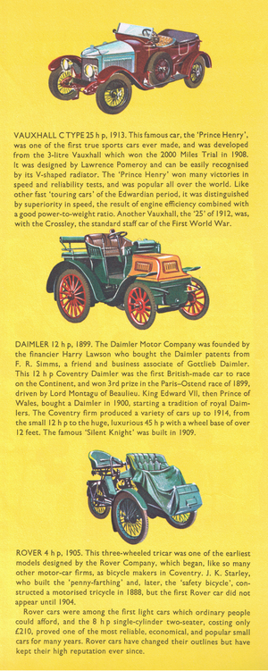 British veteran and vintage cars: Vauxhall C Type 1913; Daimler 12 hp 1899; Rover 4 1905, from Knowledge Magazine, 1963 (litho)