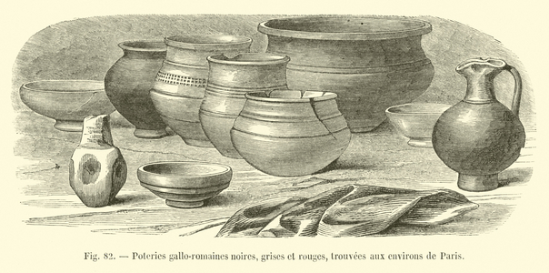 Poteries gallo-romaines noires, grises et rouges, trouvees aux environs de Paris (engraving)
