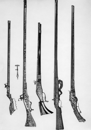 Flintlock rifles at an exhibition, 1937