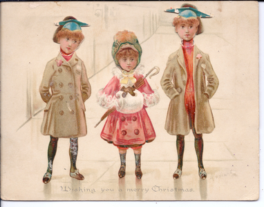 A Victorian moving Christmas card of three children, two of them wearing academic caps, c.1880 (colour litho)