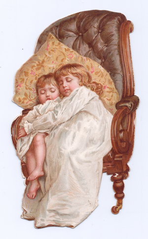 A Victorian Die-cut shape card of a two children holding each other asleep in an armchair, c.1880 (colour litho)