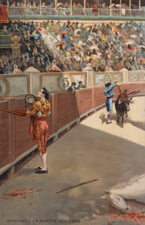 Presenting the death of the bull (colour litho)