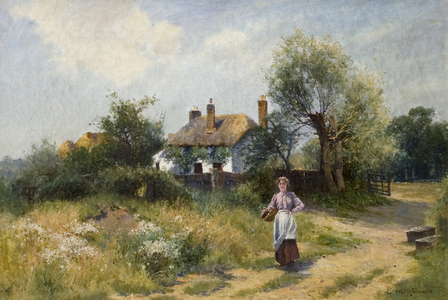 Landscape with Cottage Woman, late 19th-20th century (oil on canvas)