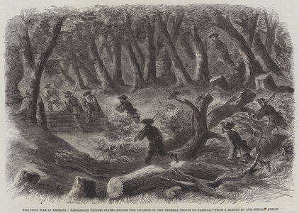 The Civil War in America, Carolinian Pickets flying before the Advance of the Federal Troops on Fairfax (engraving)