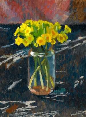 Still life with yellow Auricular in a jam jar (oil on canvas)