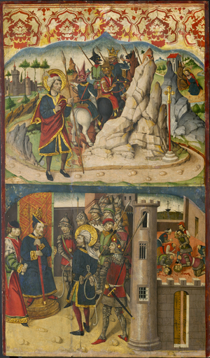 Saint Christopher Meets Satan, Saint Christopher before the King of Lycia, 1480-85 (tempera with oil glazes on panel)