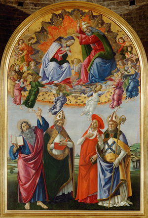 Coronation of the Virgin, with sixteen angels and Saints: John Evangelist, Augustine, Jerome and Eligius (tempera on wood)