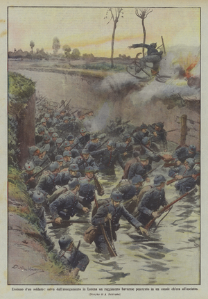 Heroism of a soldier, saves a penetrated Bavarian regiment from drowning in Lorraine  (colour litho)