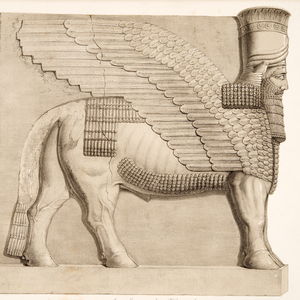 Human headed Bull and winged figure from a gateway in the wall surrounding Kouyunjik,  from Monuments of Nineveh, pub. 1849 (engraving)