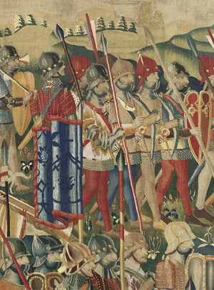 Tapestry showing the Conquests of king Alfonso V of Portugal (Conquistas de Alfonso V de Portugal), Tournai. Detail. (Wool and silk)